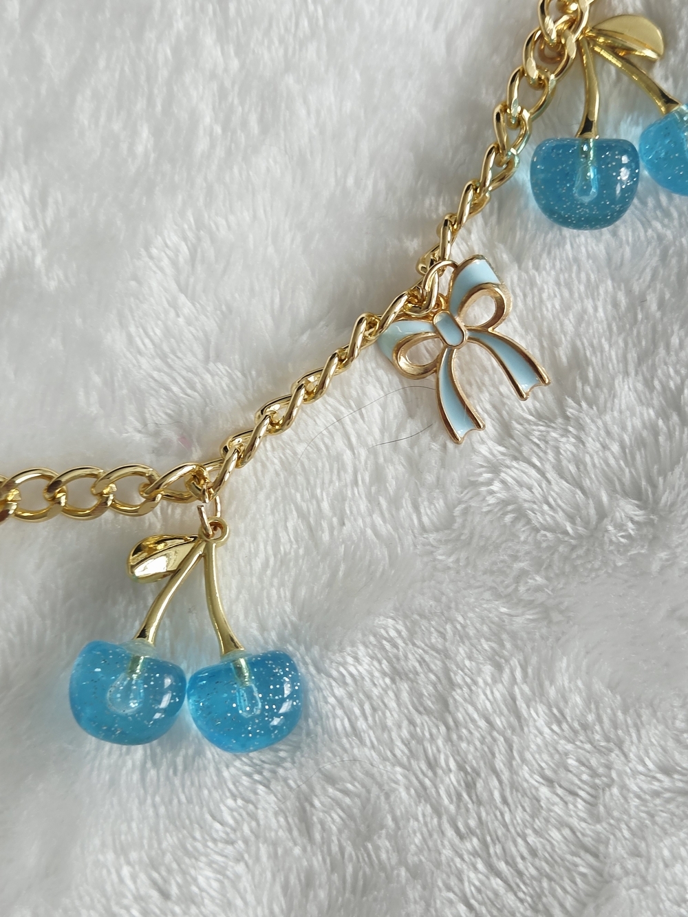 Blue Bow And Cherry Bag Chain with Blue Shimmer Cherries - Picture 4 of 10